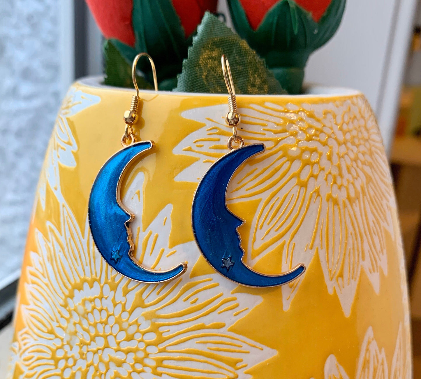 Blue enamel gold moon drop dangle earrings