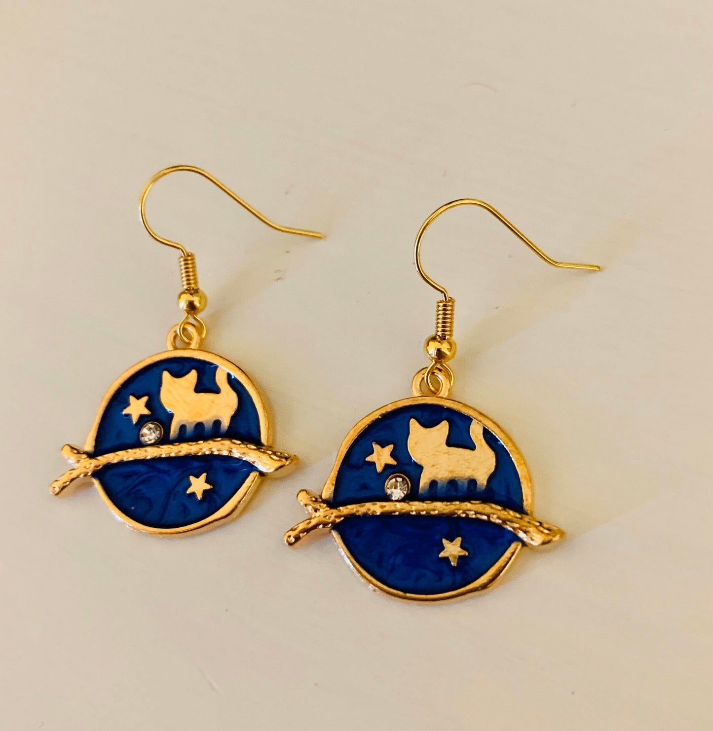 Enamel gold plated drop dangle earrings with cat on branch with moon stars celestial