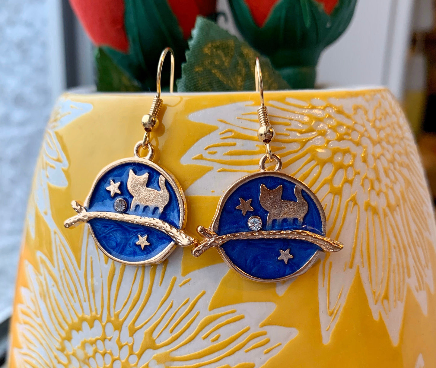 Enamel gold plated drop dangle earrings with cat on branch with moon stars celestial