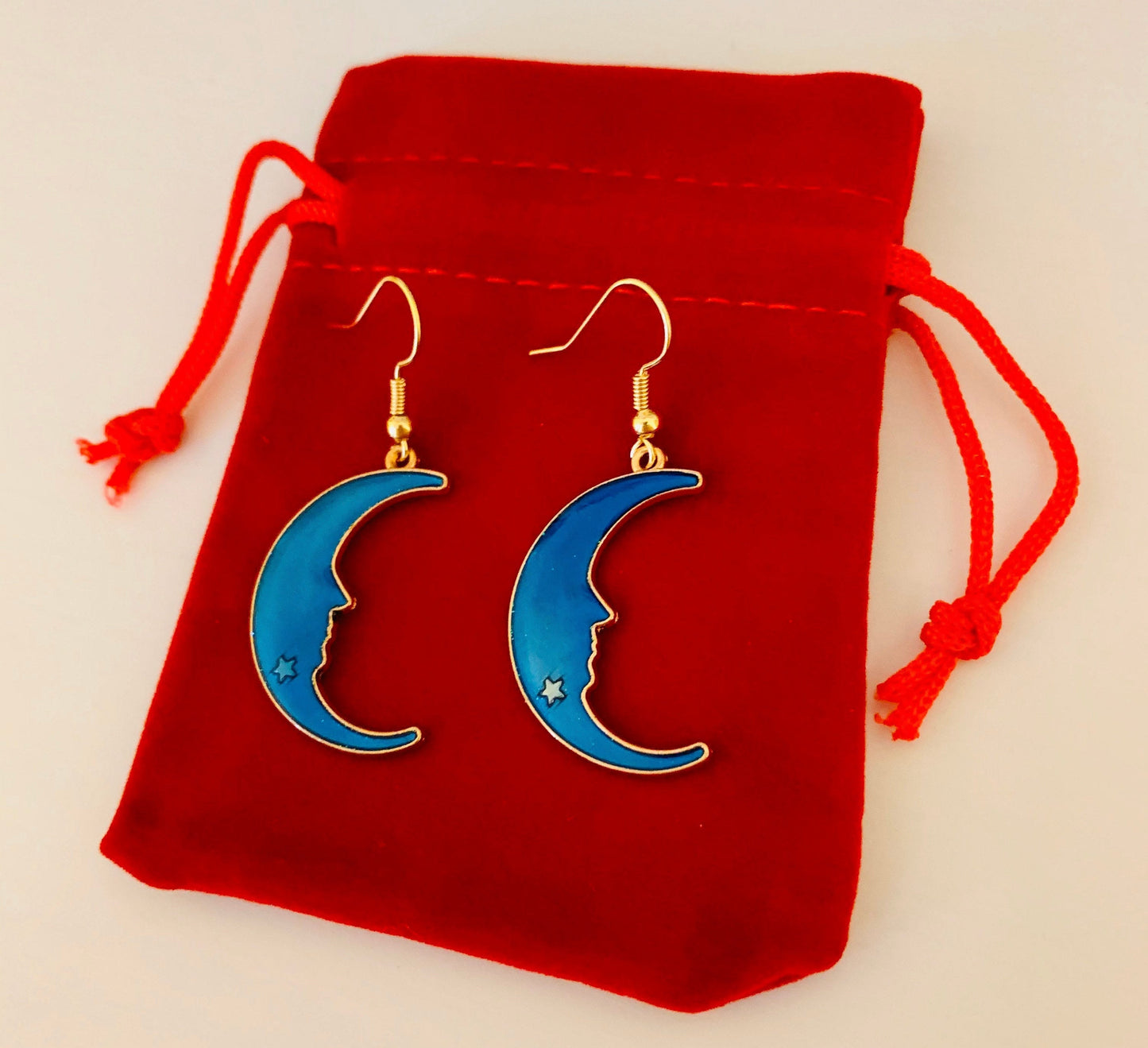 Blue enamel gold moon drop dangle earrings