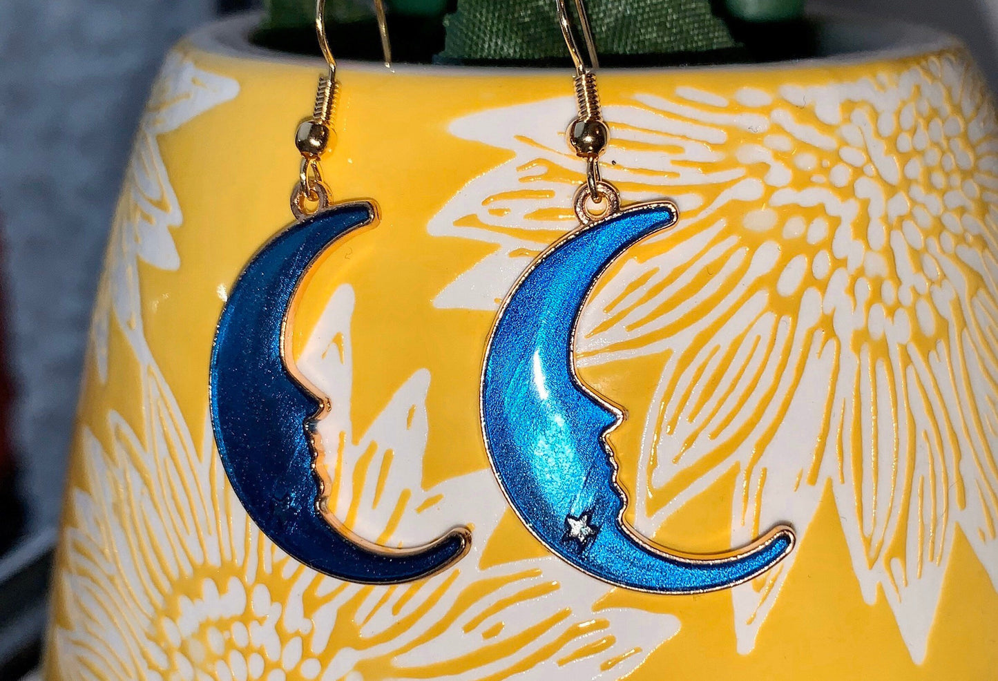 Blue enamel gold moon drop dangle earrings