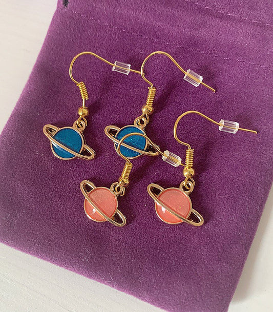 Blue or pink saturn planet earrings