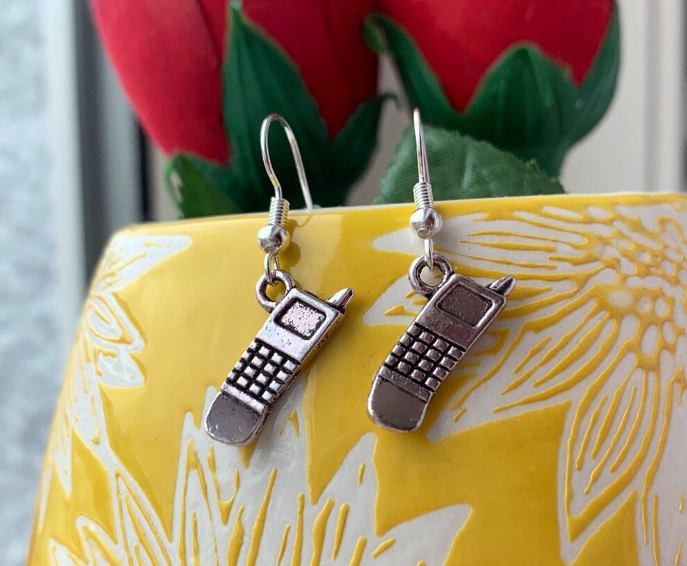 Silver mobile phone dangle earrings