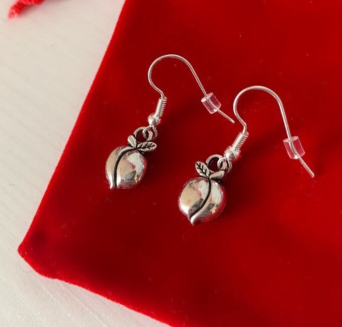 Silver peach fruit dangle earrings