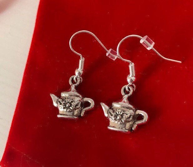 Silver tea pot dangle earrings