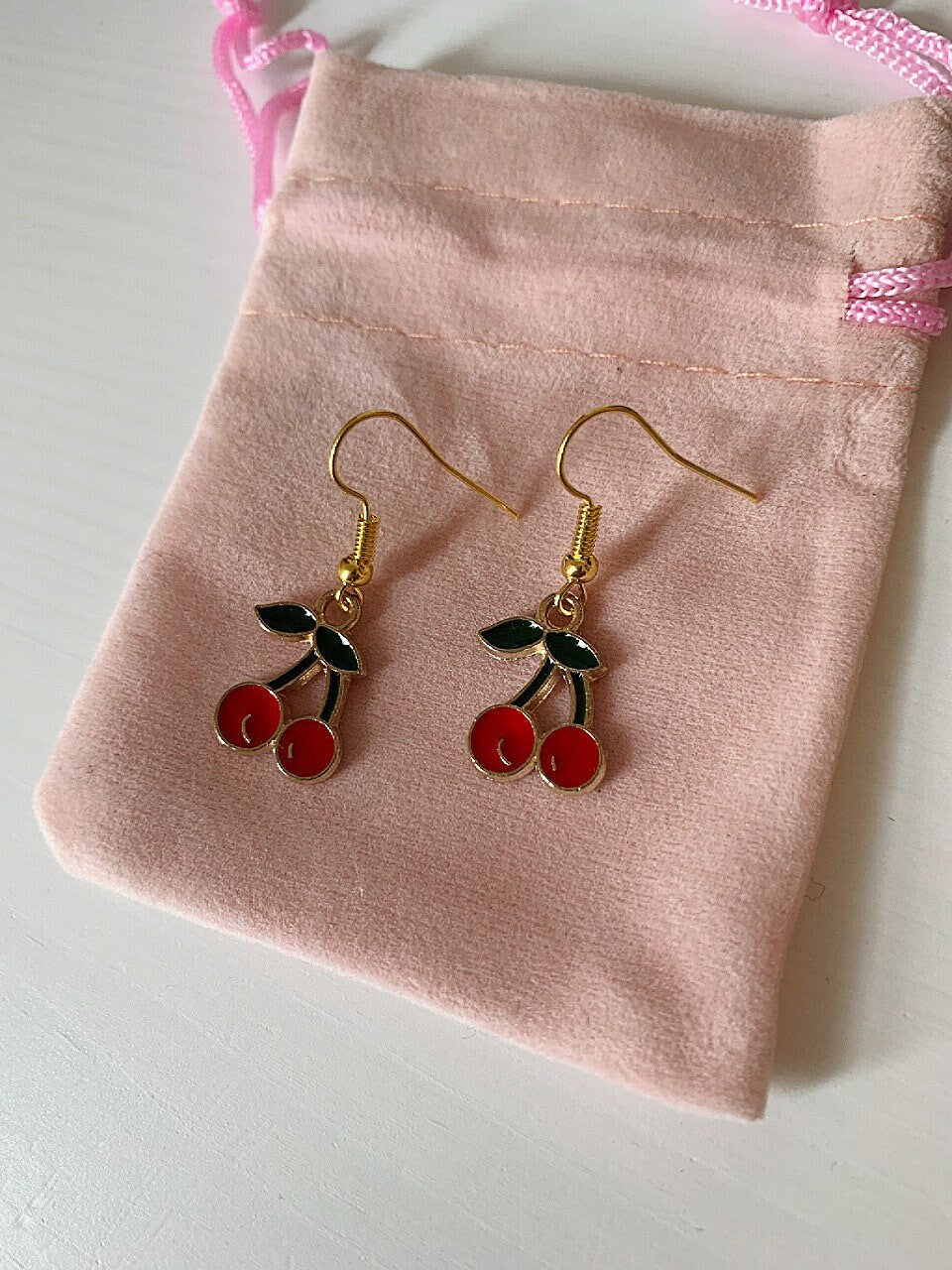 Red and green cherry fruit dangle gold earrings