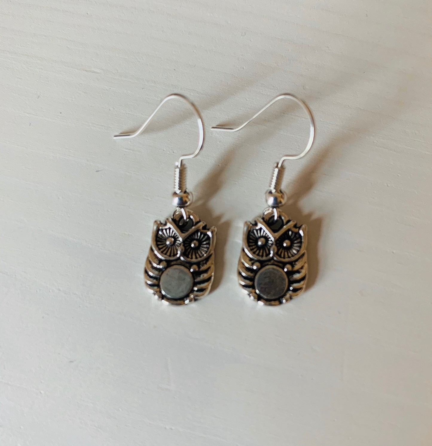 Silver owl bird dangle earrings