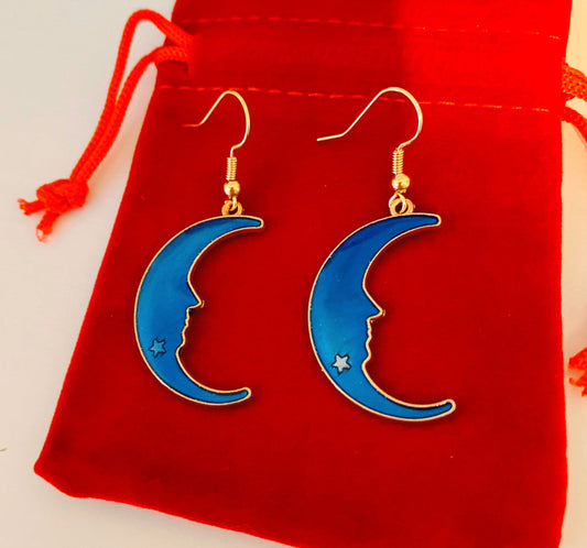 Blue enamel gold moon drop dangle earrings