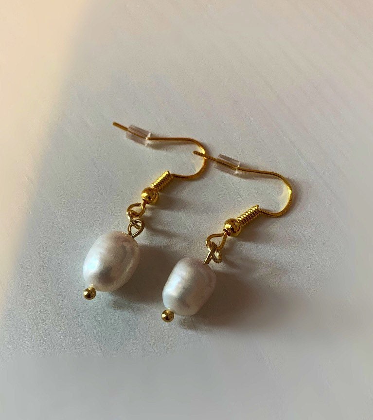 Gold plated fresh water white pearl earrings