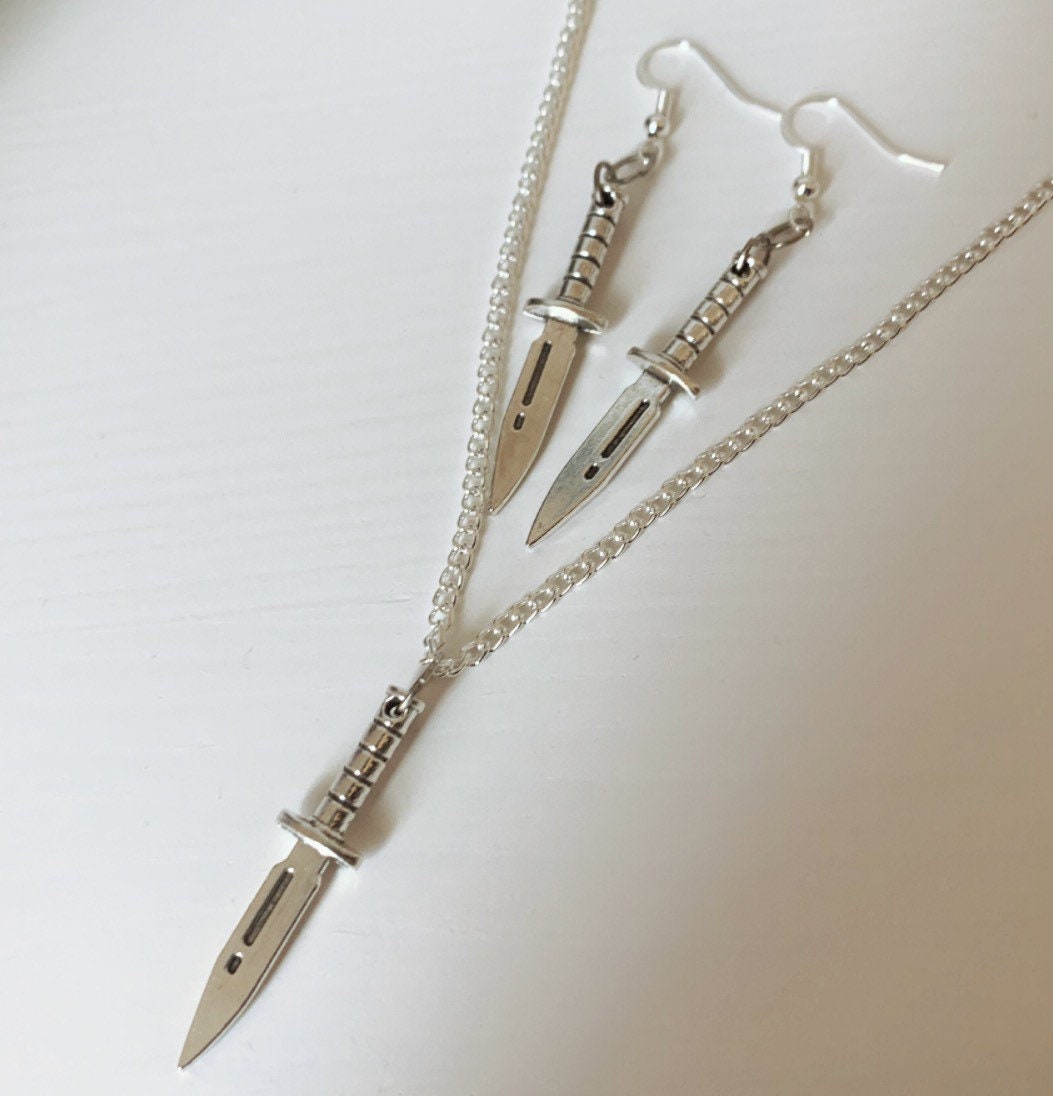 Silver dagger knife earrings, necklace or jewellery set