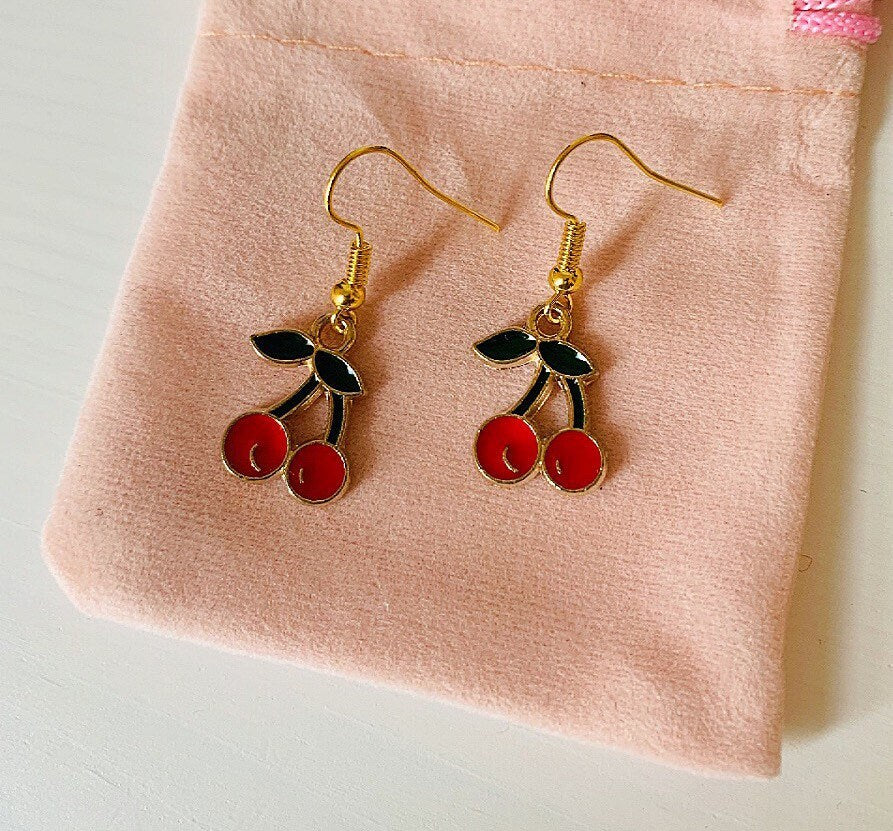 Red and green cherry fruit dangle gold earrings