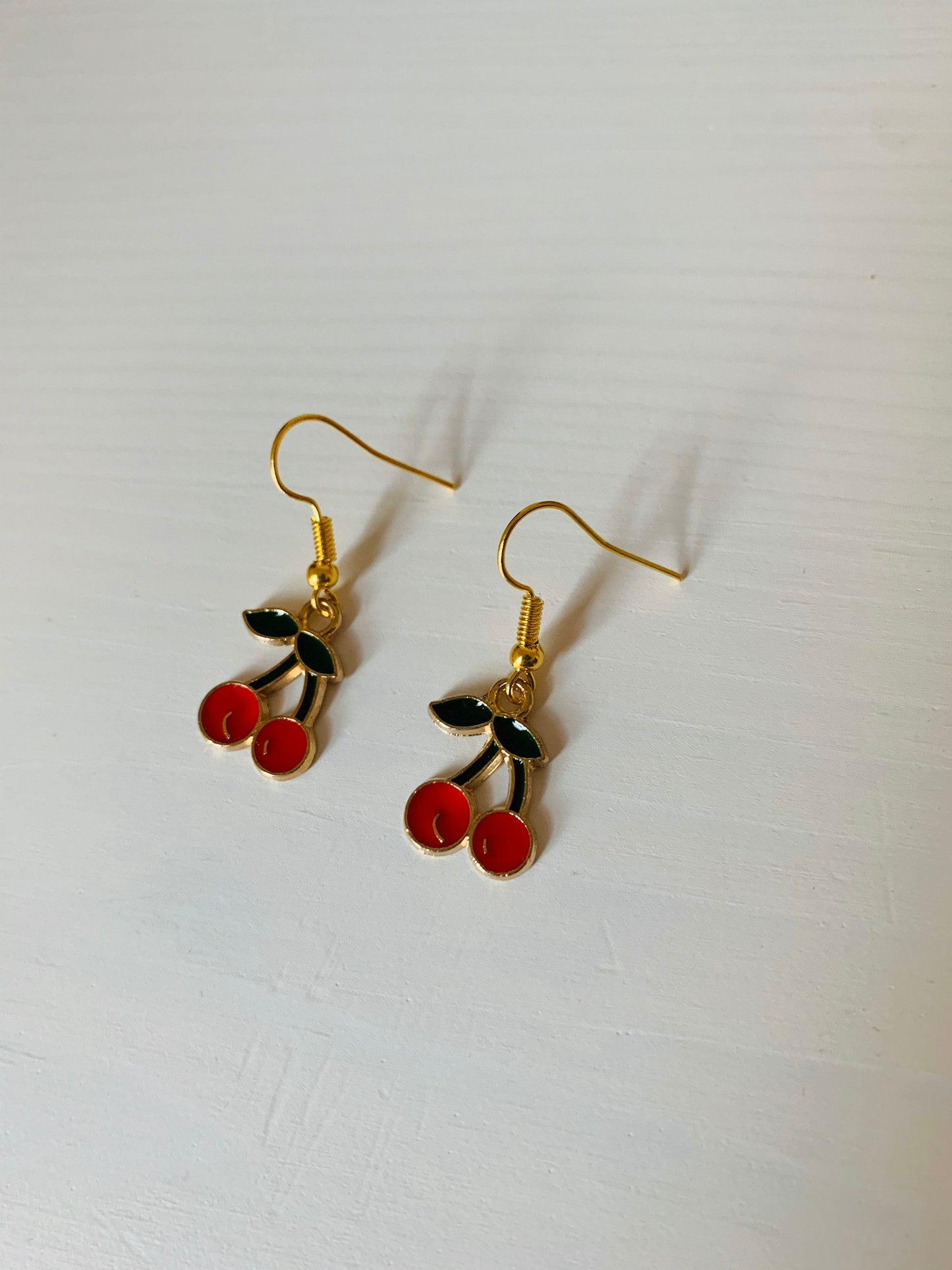 Red and green cherry fruit dangle gold earrings