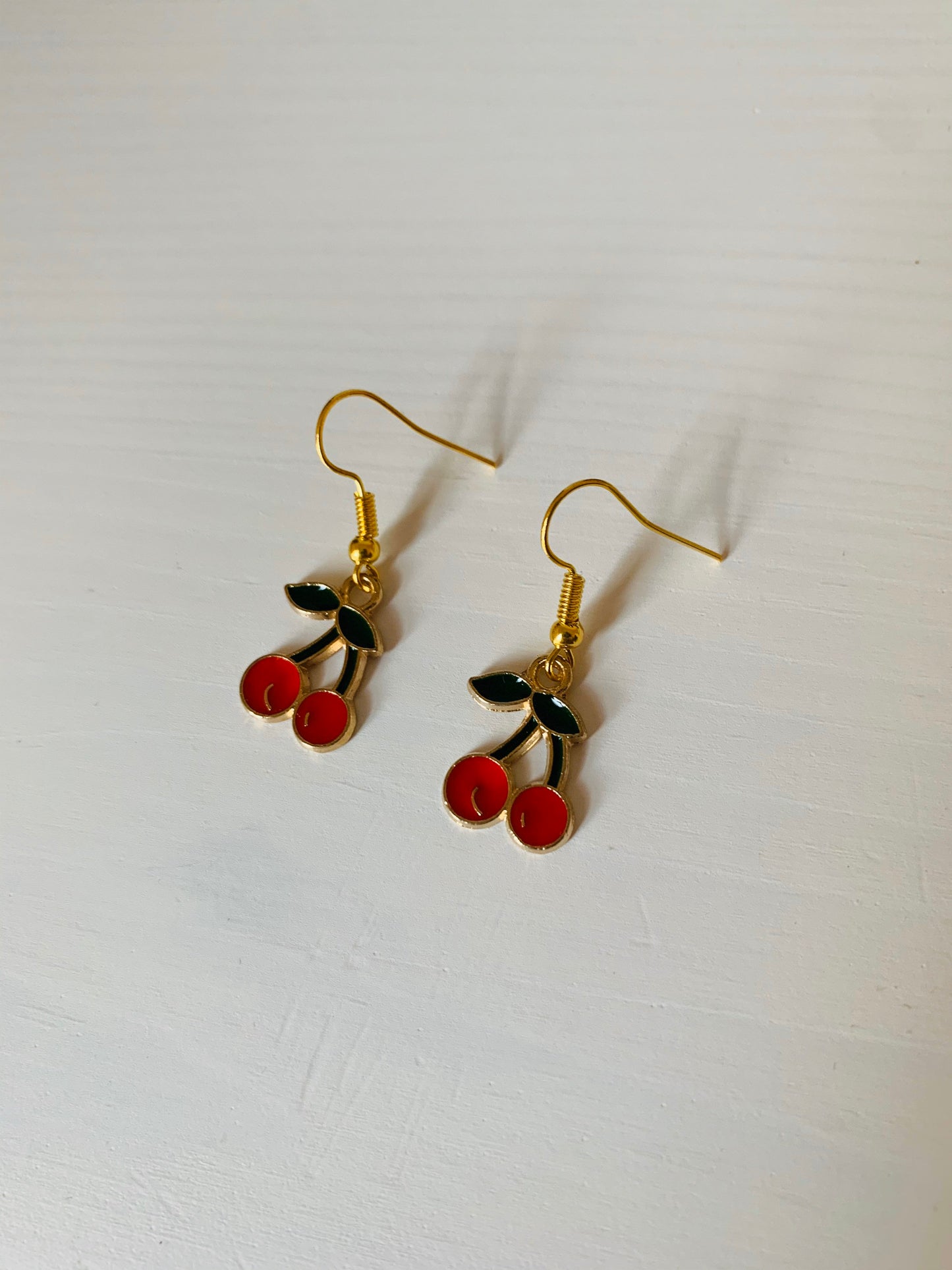 Red and green cherry fruit dangle gold earrings