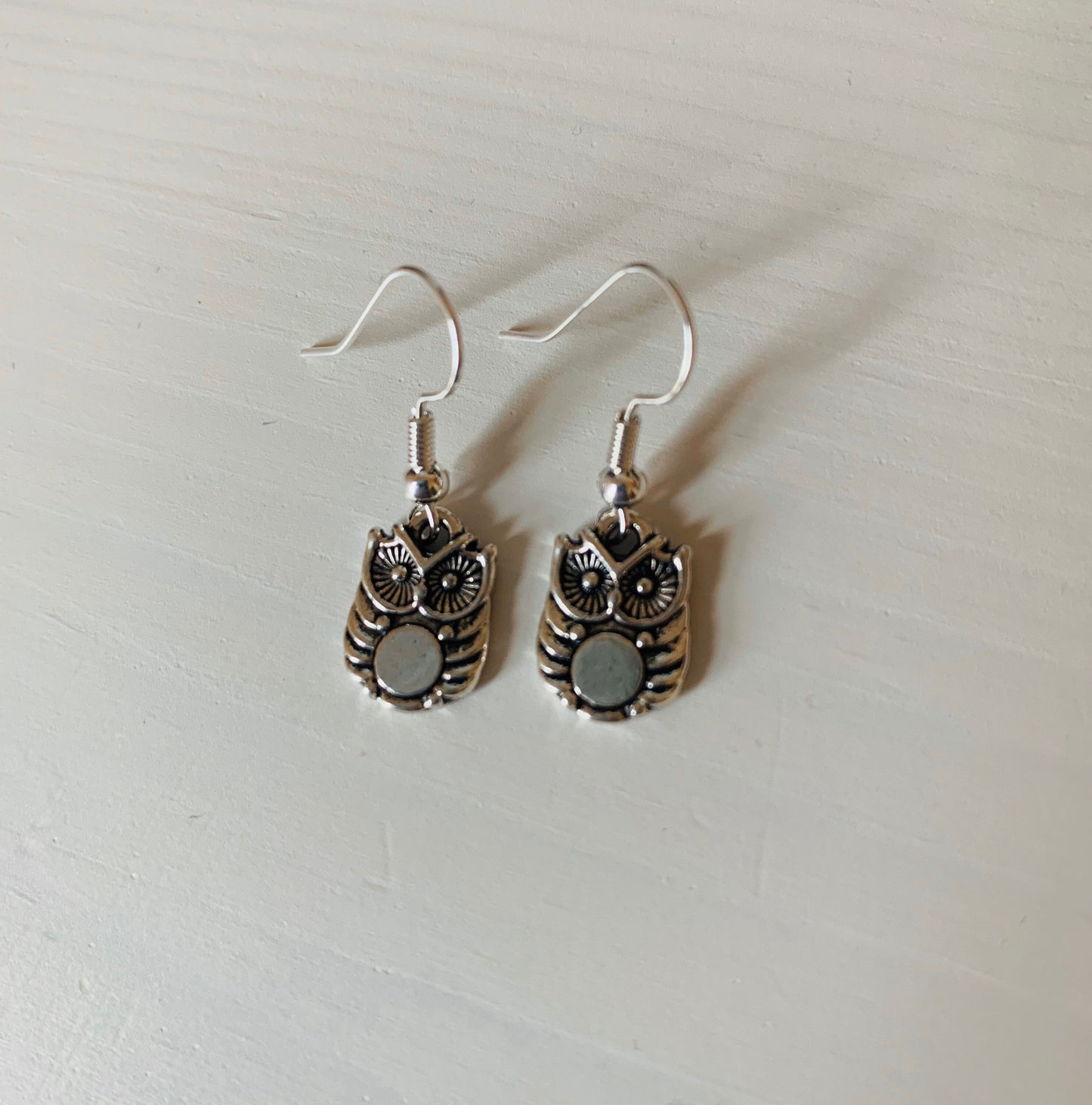 Silver owl bird dangle earrings