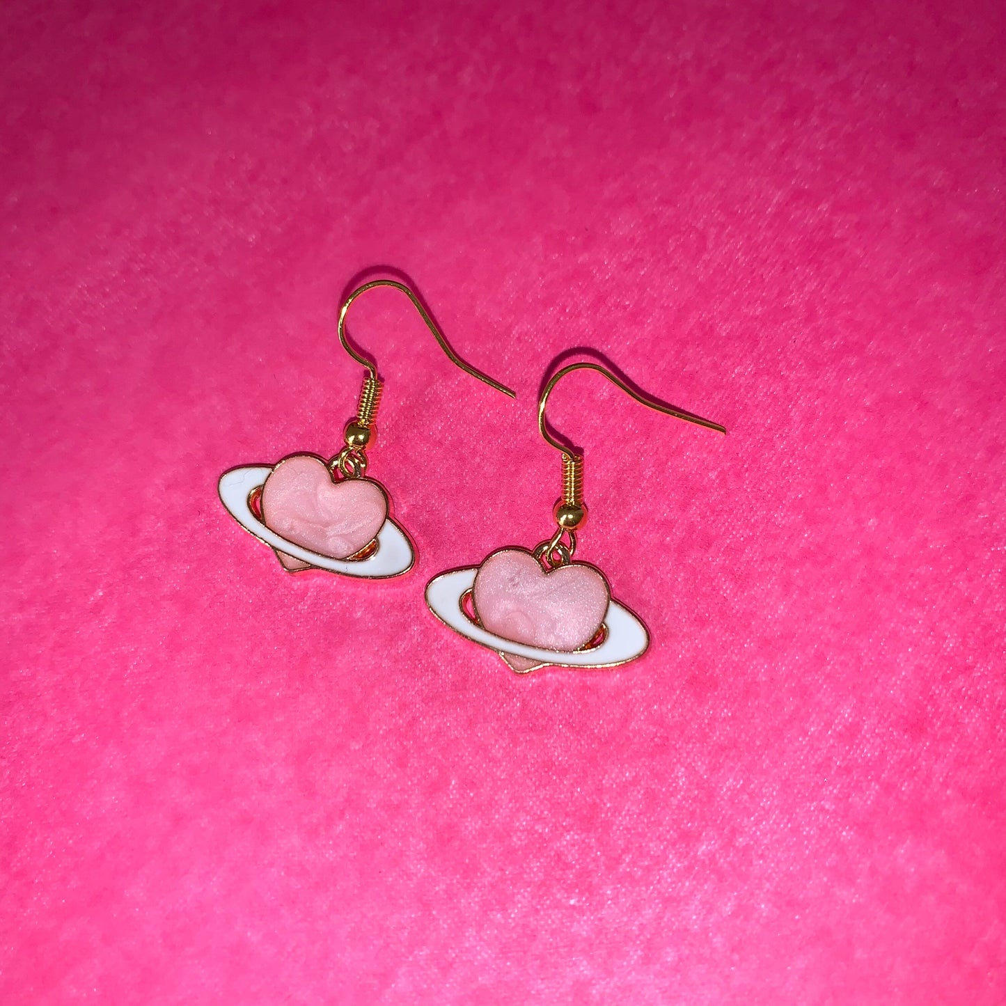 Gold and pink heart saturn planet dangle earrings