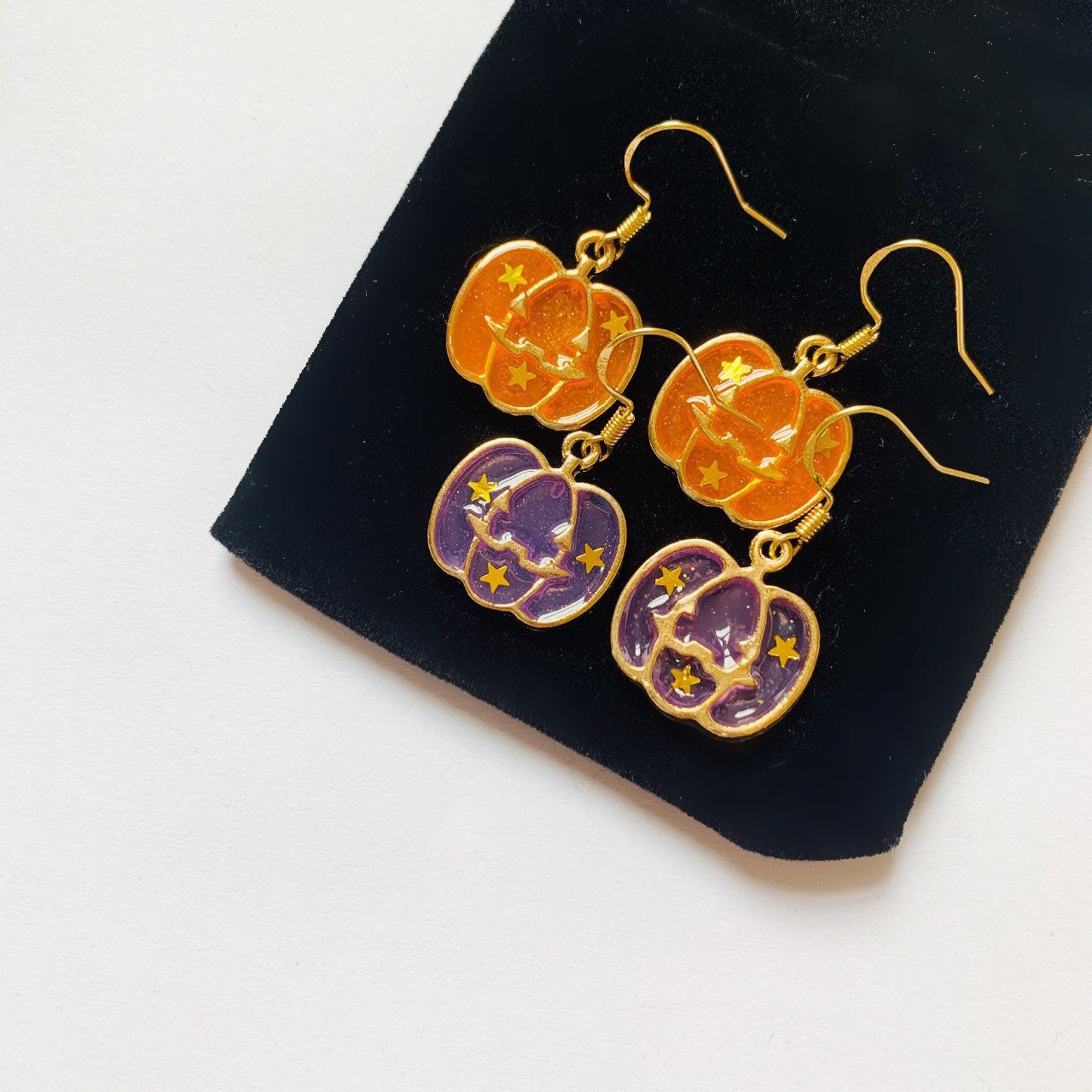 Purple, orange or pink with gold star pumpkin halloween earrings