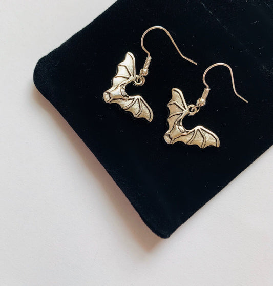 Silver bat halloween earrings