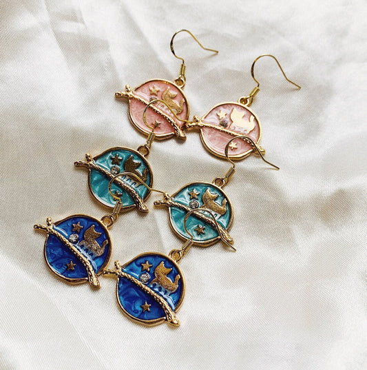 Enamel gold plated drop dangle earrings with cat on branch with moon stars celestial