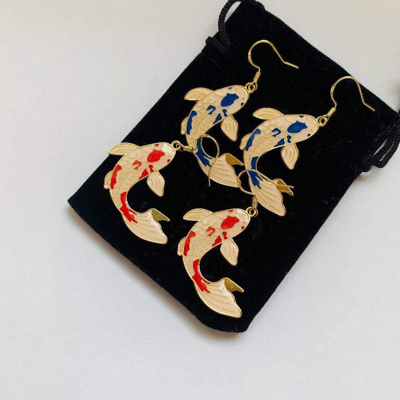 Red or blue koi fish gold earrings