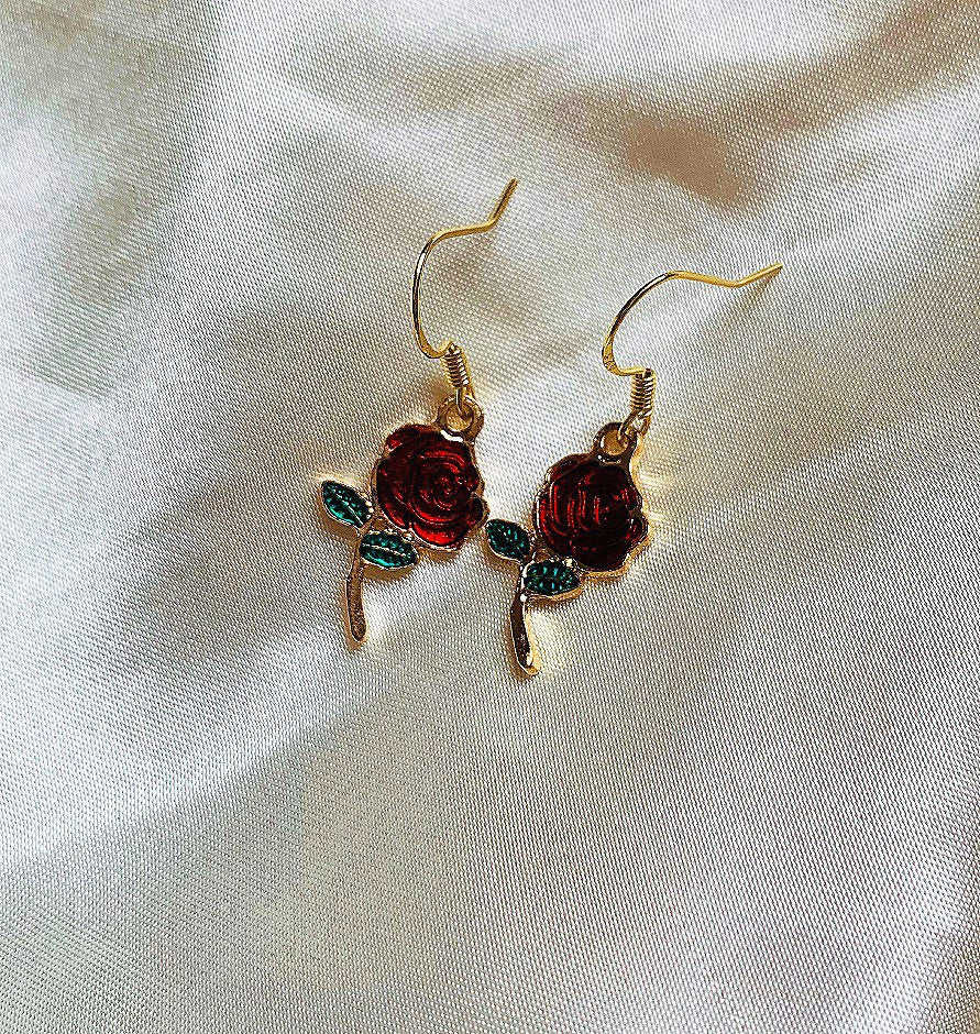 Red rose gold dangle earrings