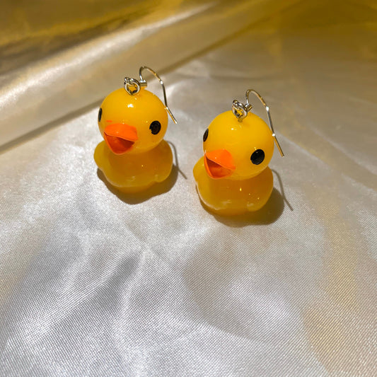 Yellow rubber duck drop dangle earrings on silver plated hook