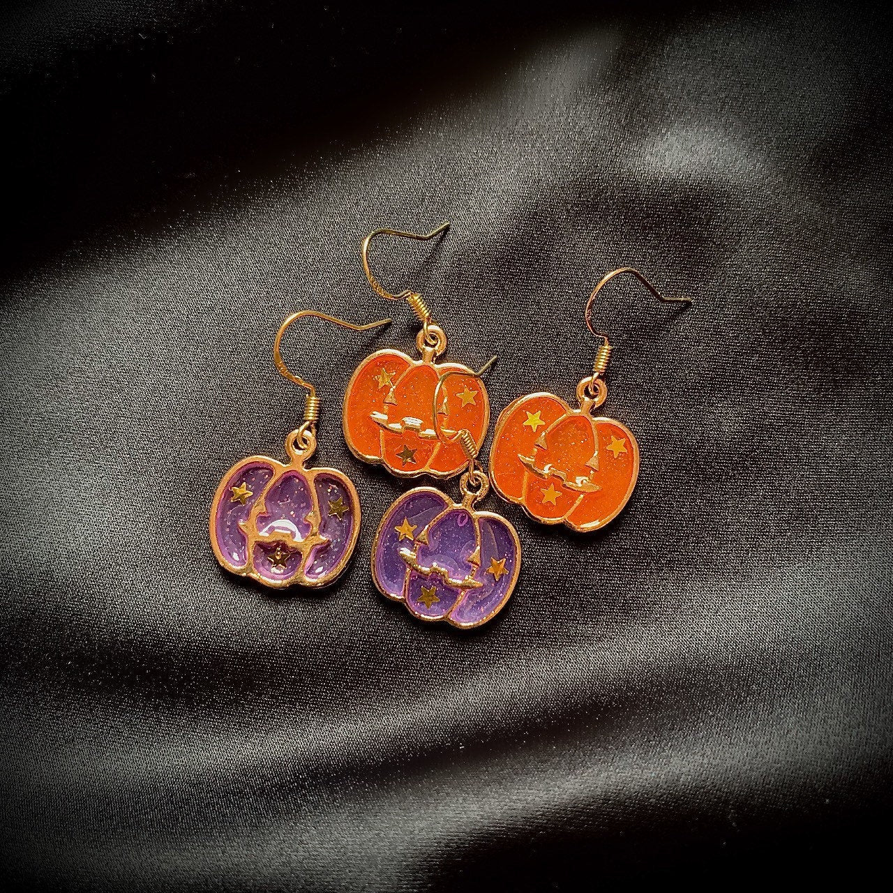 Purple, orange or pink with gold star pumpkin halloween earrings