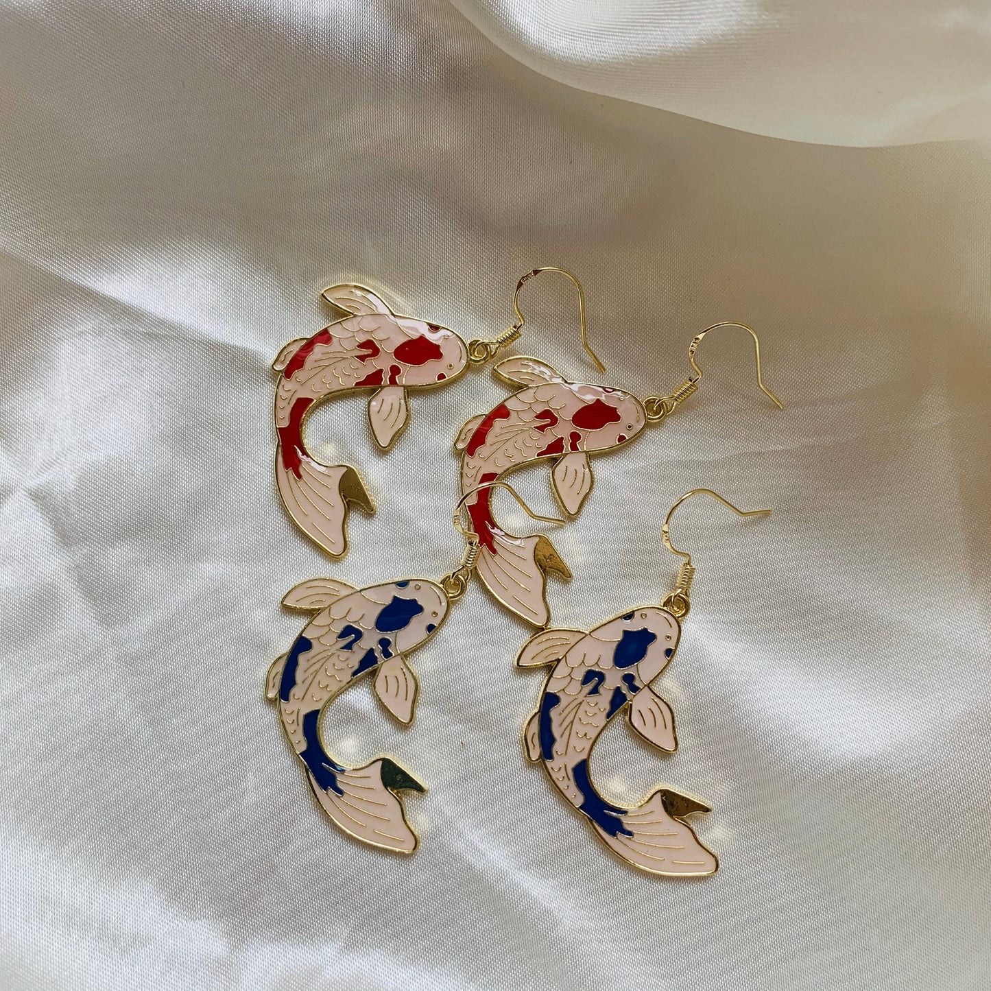 Red or blue koi fish gold earrings