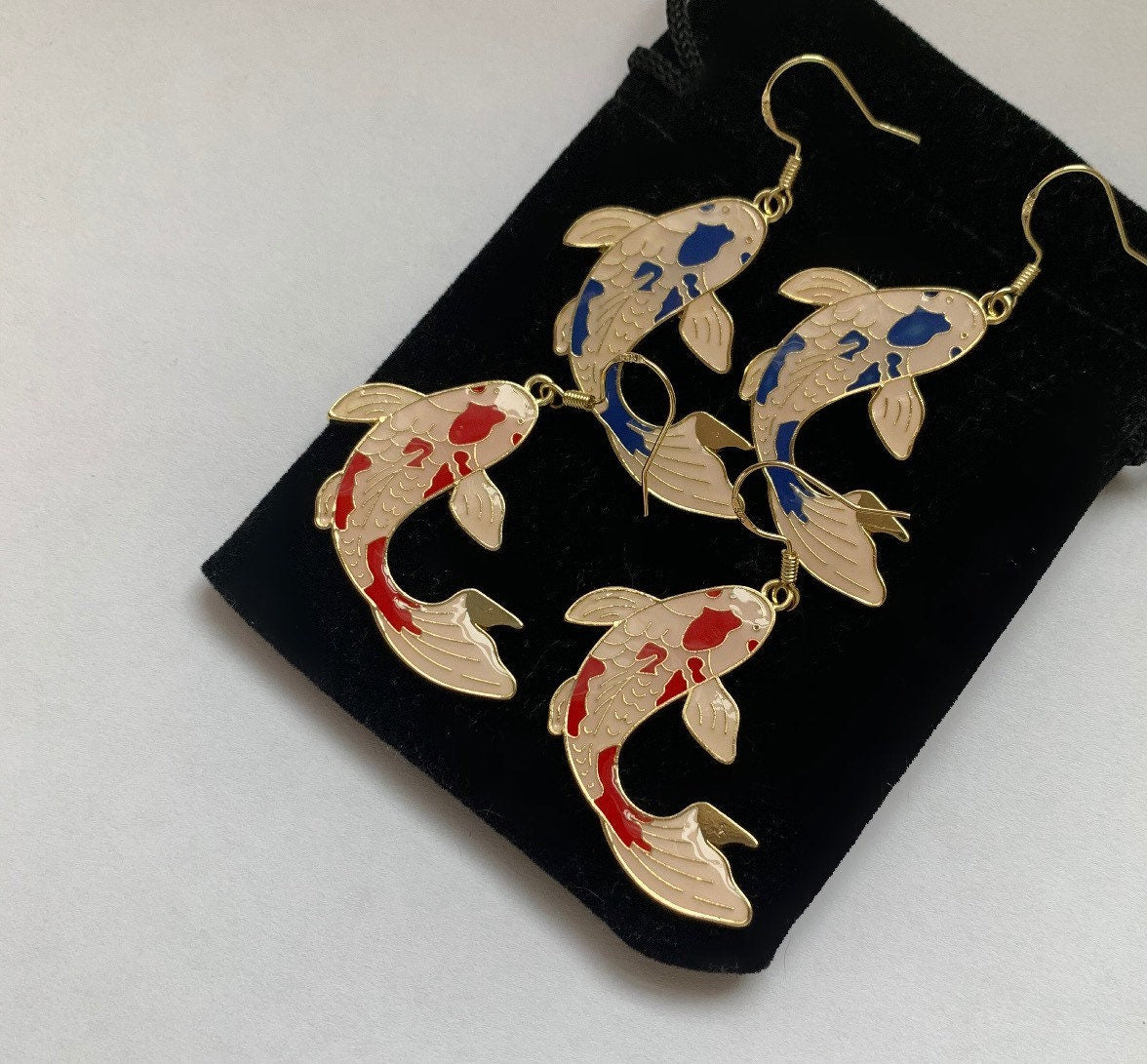 Red or blue koi fish gold earrings