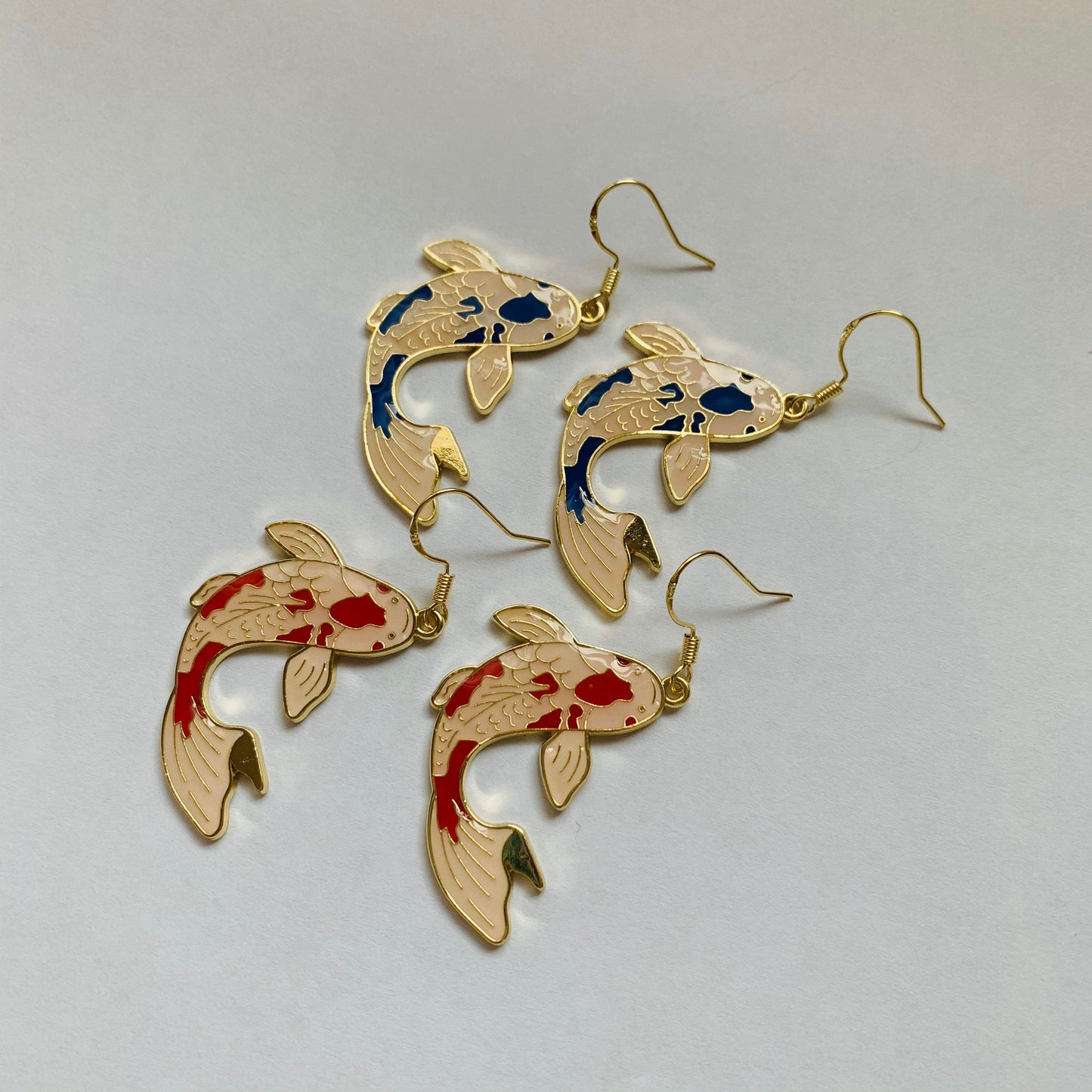 Red or blue koi fish gold earrings