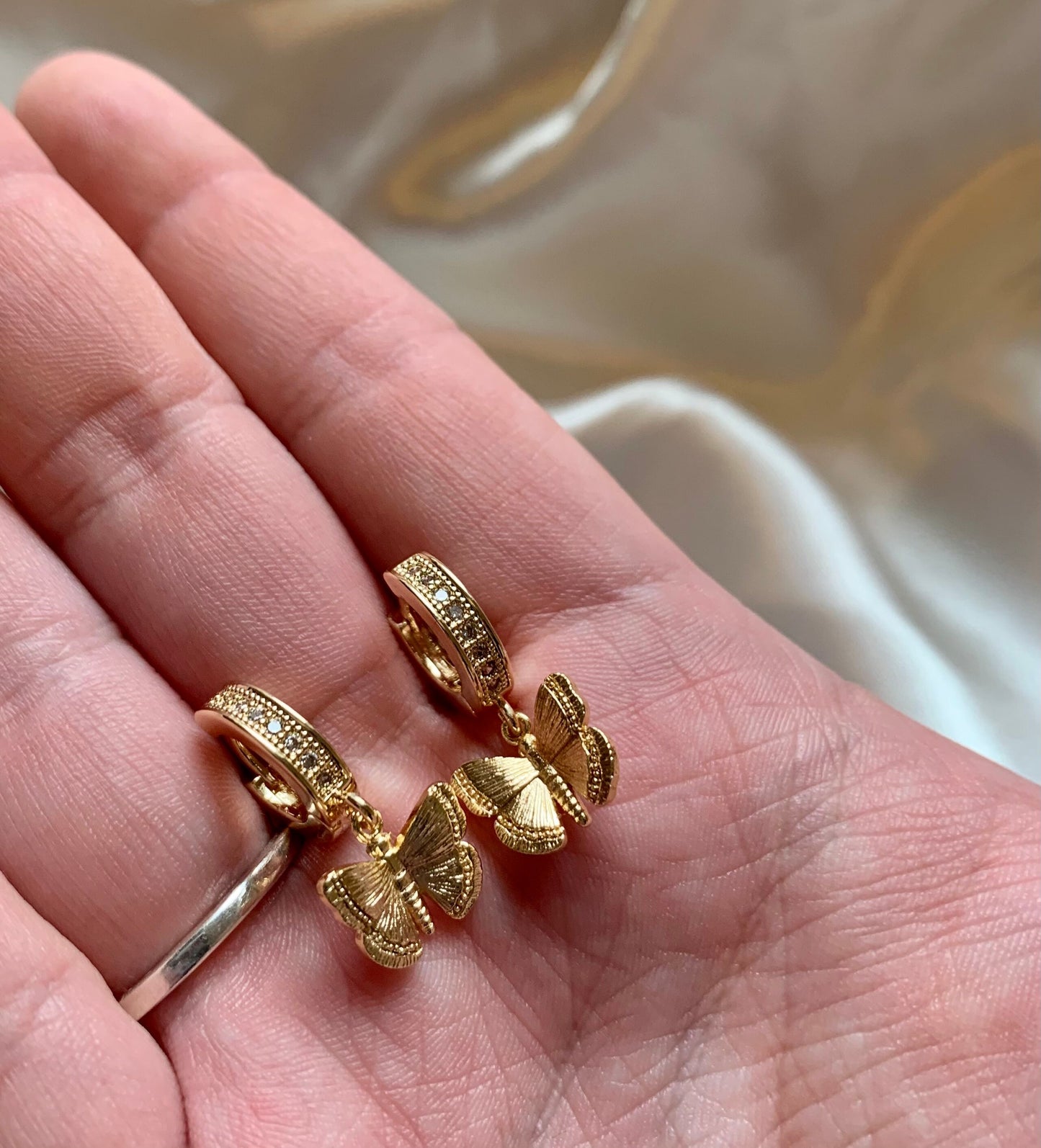 Gold plated diamanté huggie hoop butterfly earrings