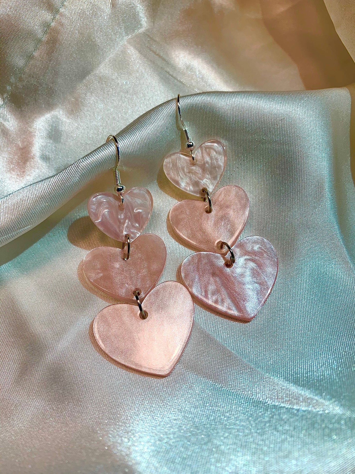 Pastel pink 3 tier heart trio silver statement earrings