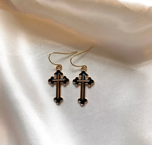 Black and gold cross dangle earrings