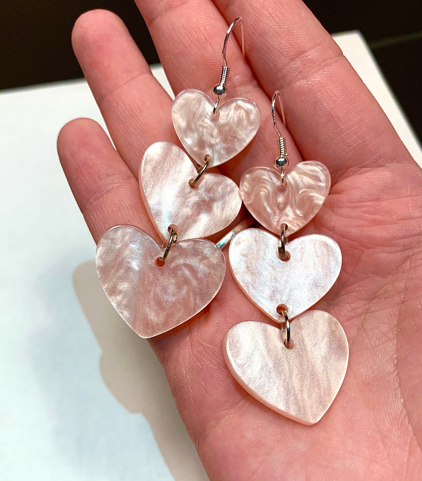 Pastel pink 3 tier heart trio silver statement earrings