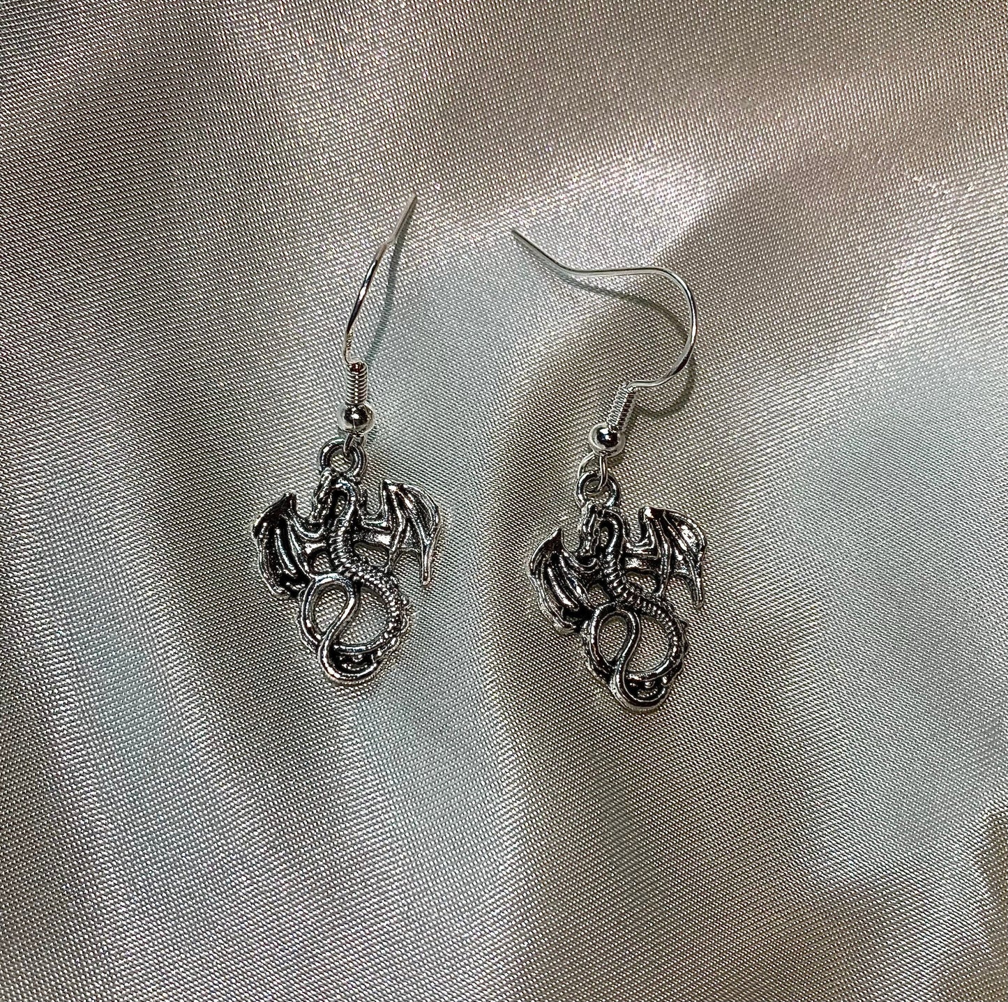 Silver little dragon dangle earrings