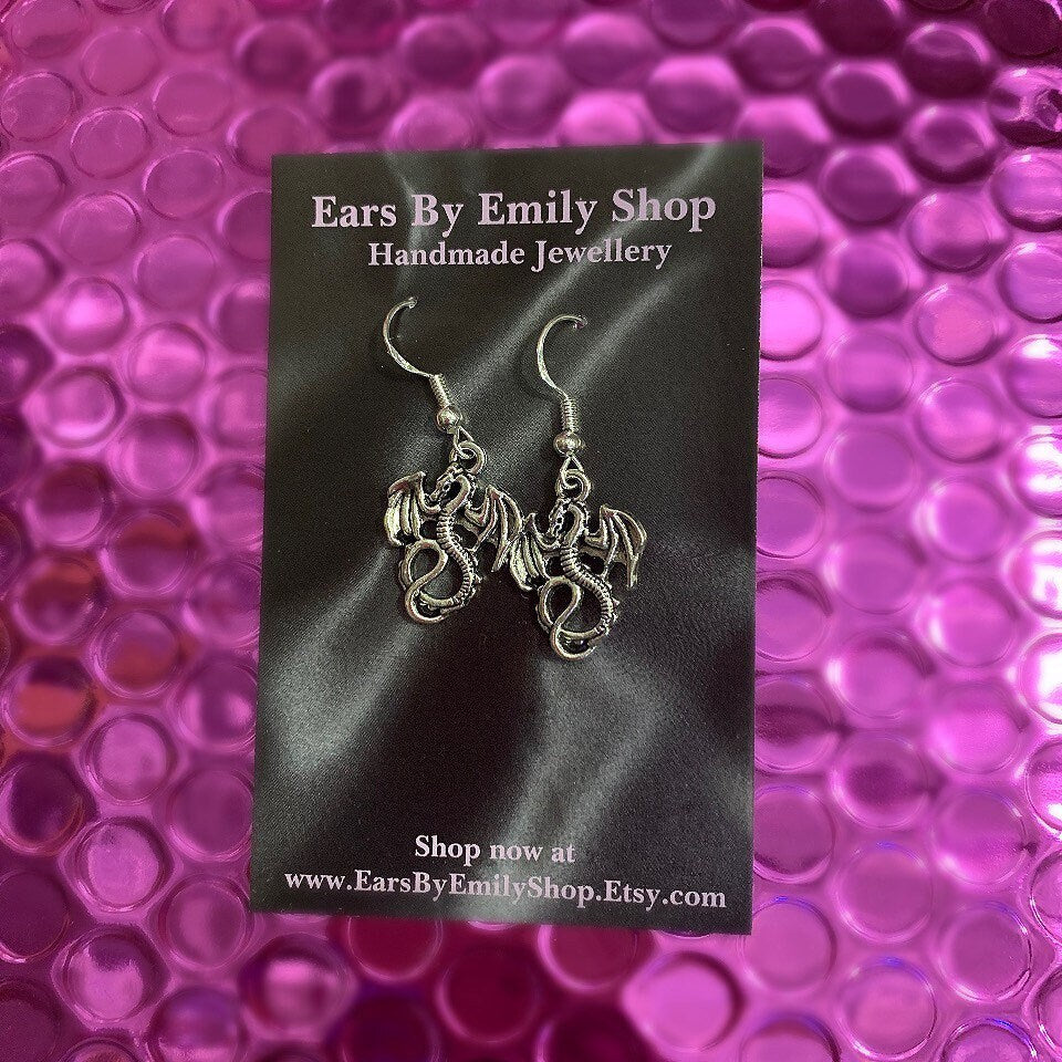 Silver little dragon dangle earrings