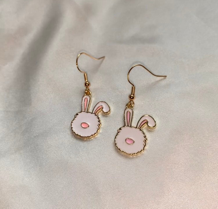 White bunny rabbit gold earrings