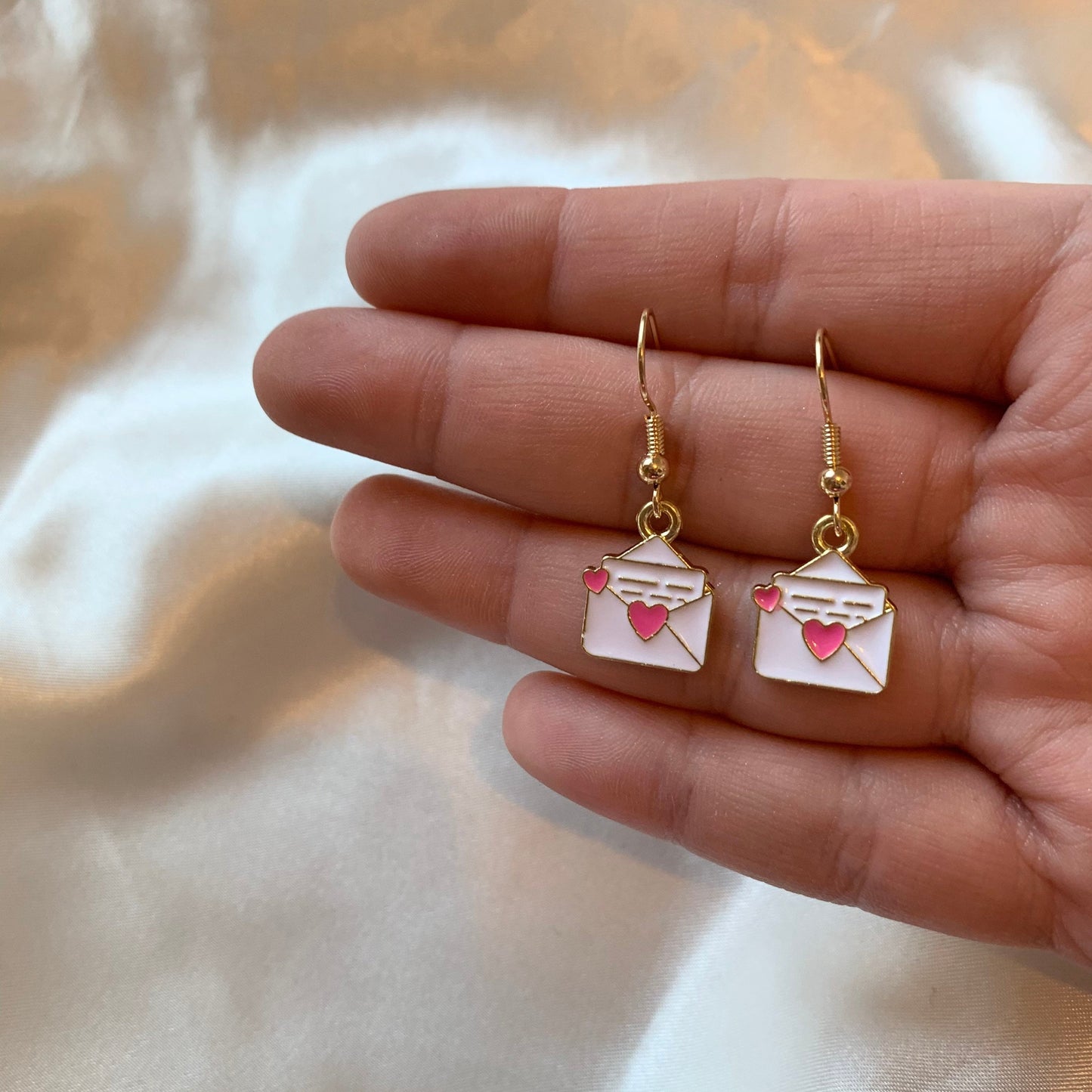 White pink heart love letter gold dangle earrings