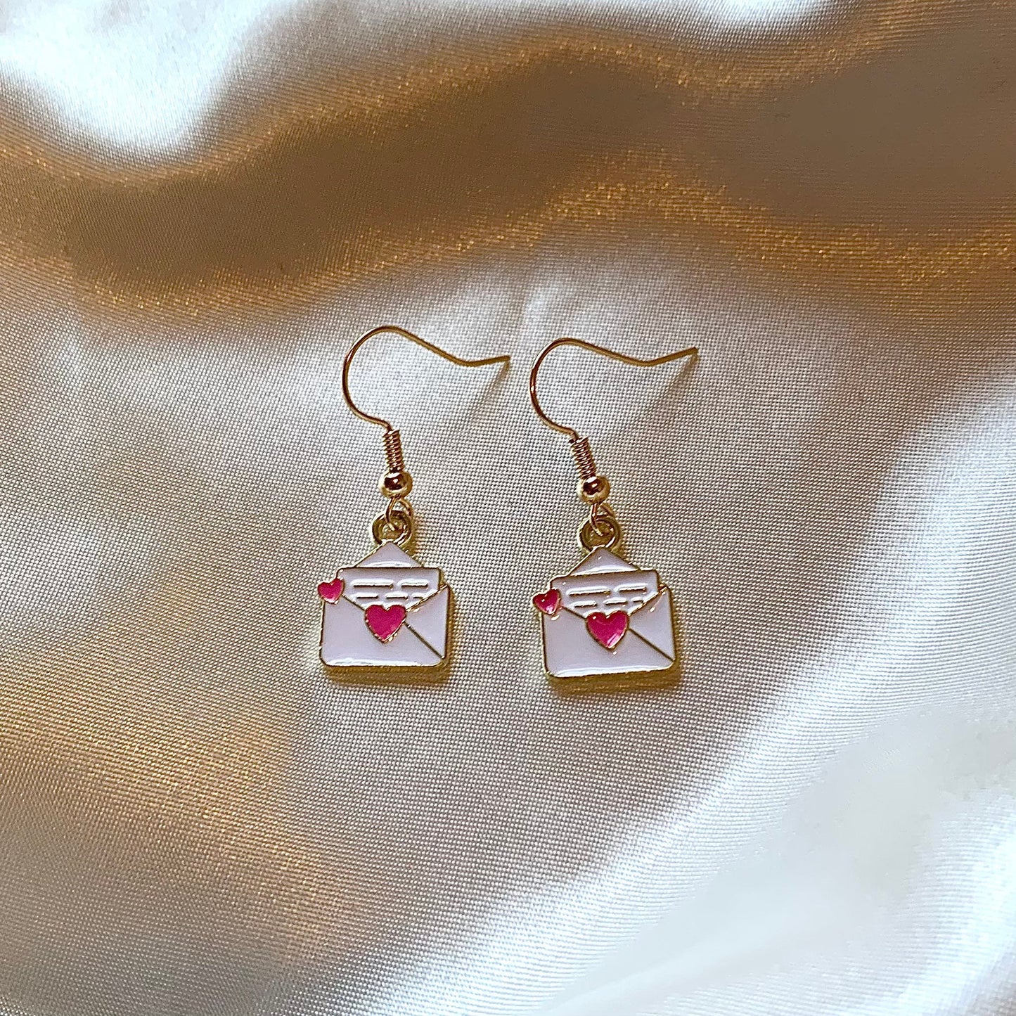 White pink heart love letter gold dangle earrings