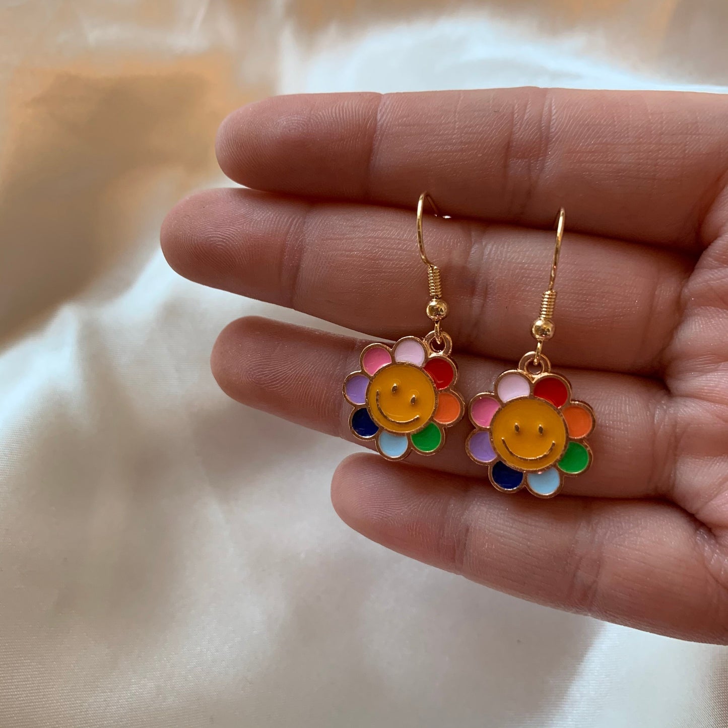 Rainbow flower smiley face gold earrings