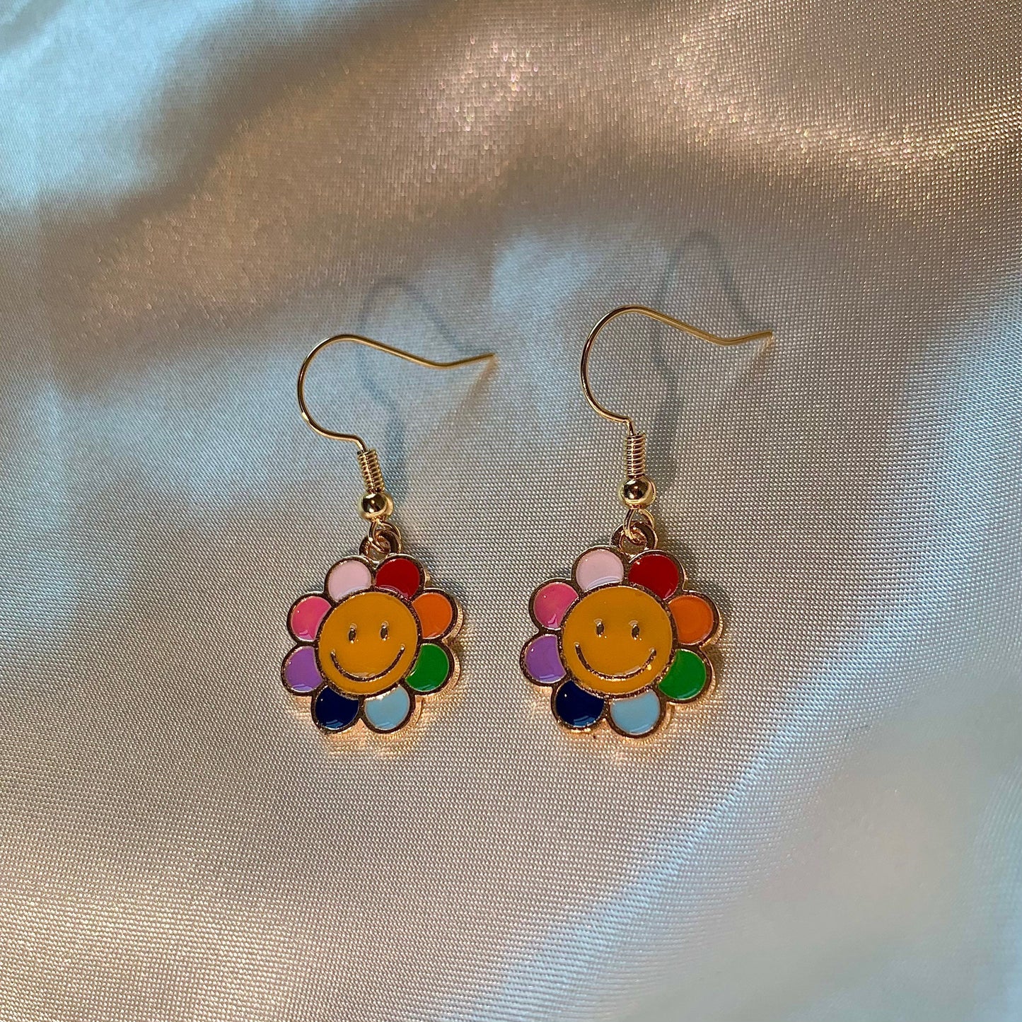 Rainbow flower smiley face gold earrings