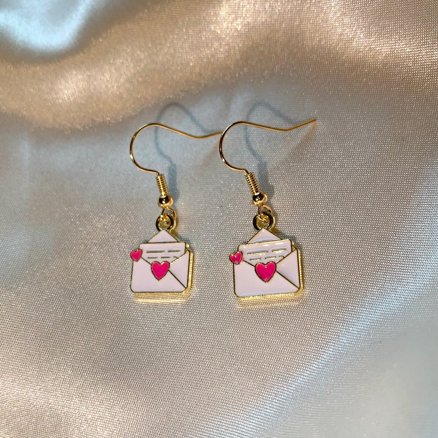 White pink heart love letter gold dangle earrings