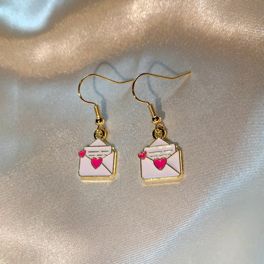 White pink heart love letter gold dangle earrings