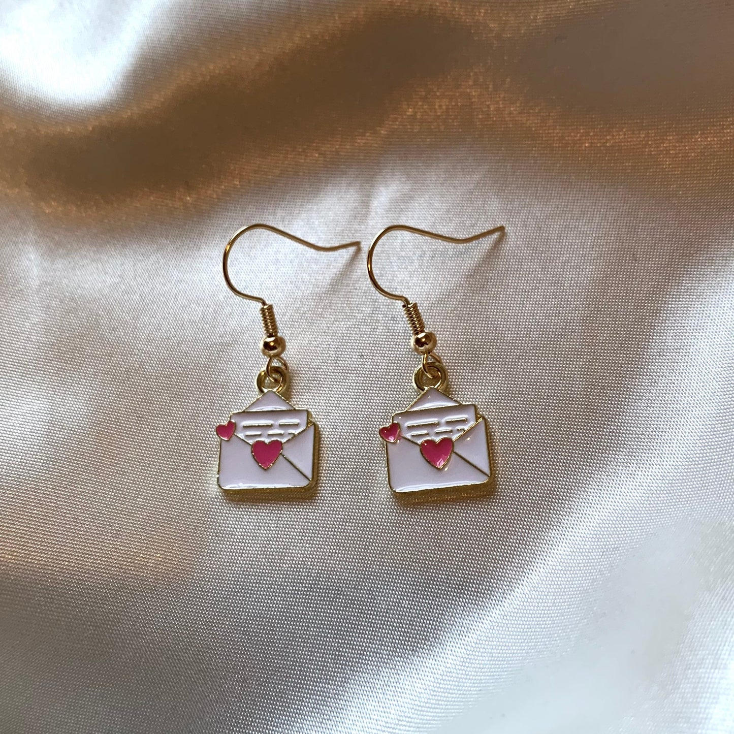 White pink heart love letter gold dangle earrings