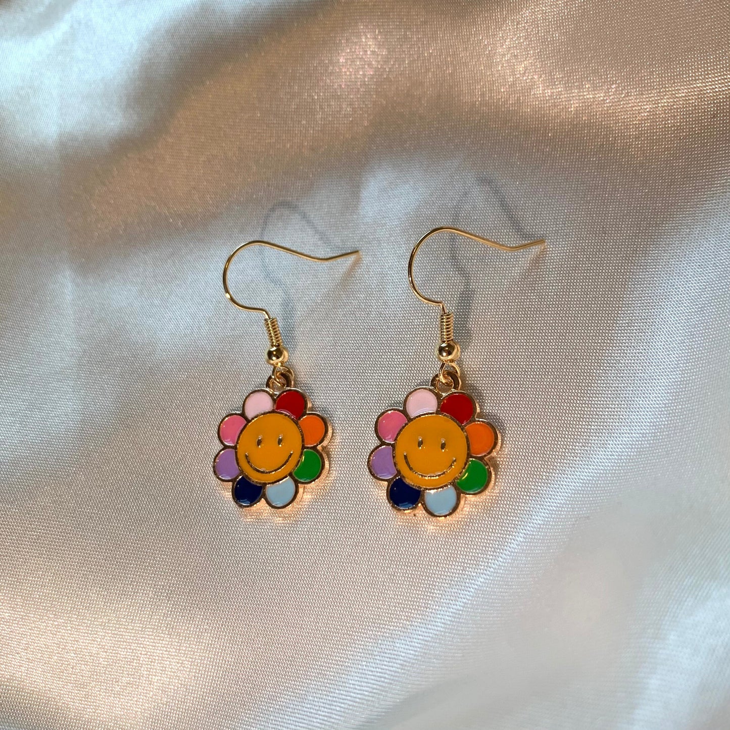 Rainbow flower smiley face gold earrings