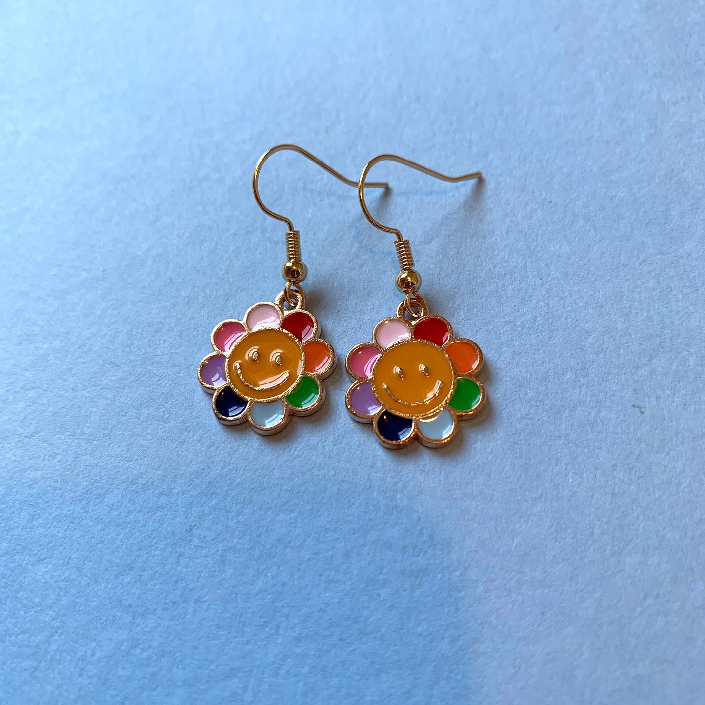 Rainbow flower smiley face gold earrings