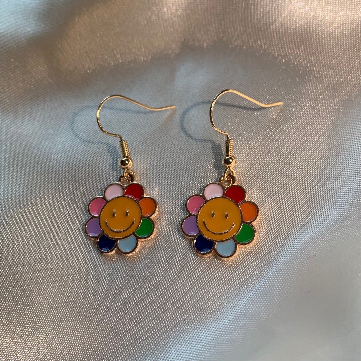 Rainbow flower smiley face gold earrings