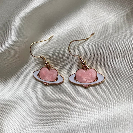 Gold and pink heart saturn planet dangle earrings