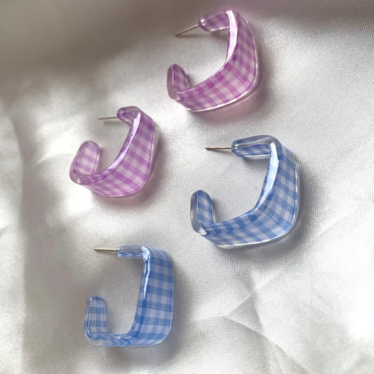 Purple or blue gingham square shaped hoop silver earrings