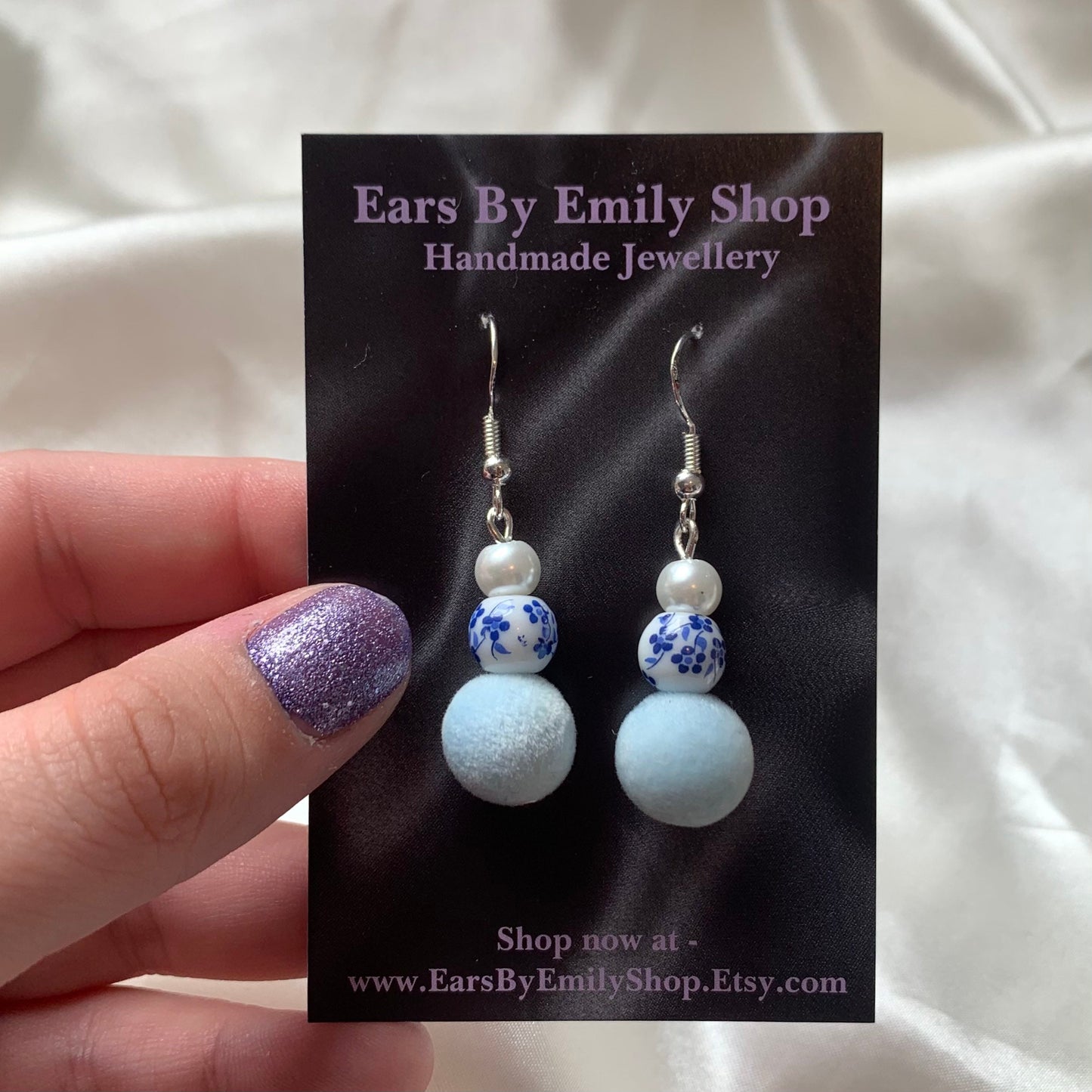 Faux pearl, ceramic blue and white bead and fuzzy light blue ball handmade silver plated earrings