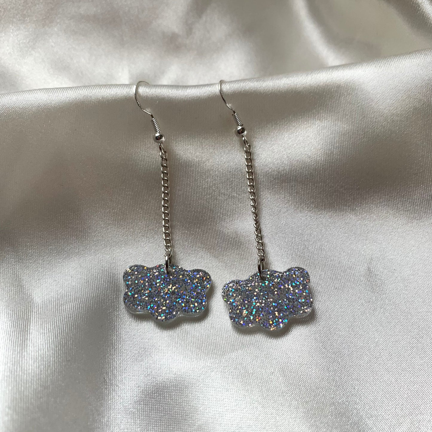 Resin glitter cloud statement silver chain earrings